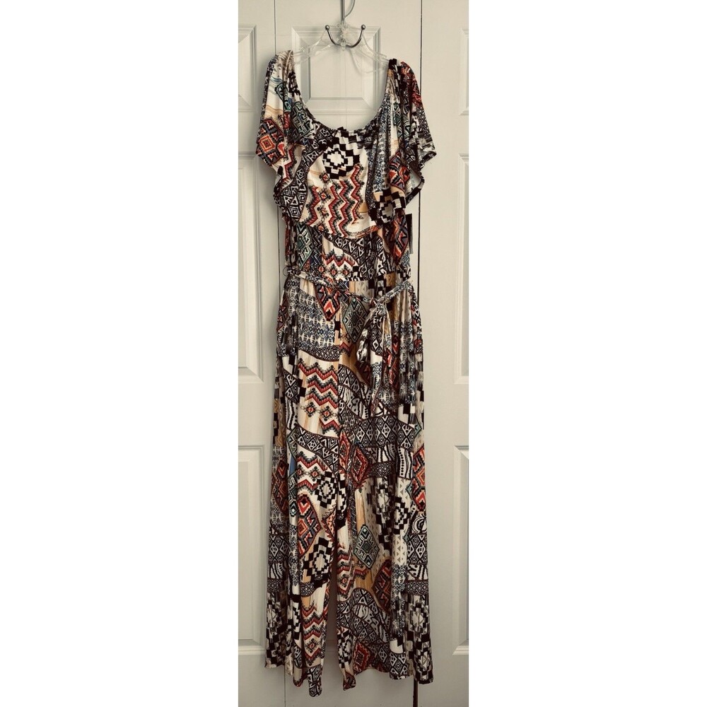 VIOLET B WOMEN'S PLUS SIZE 1X, 2X, OFF SHOULDER AZTEC JUMPSUIT KNIT POCKETS